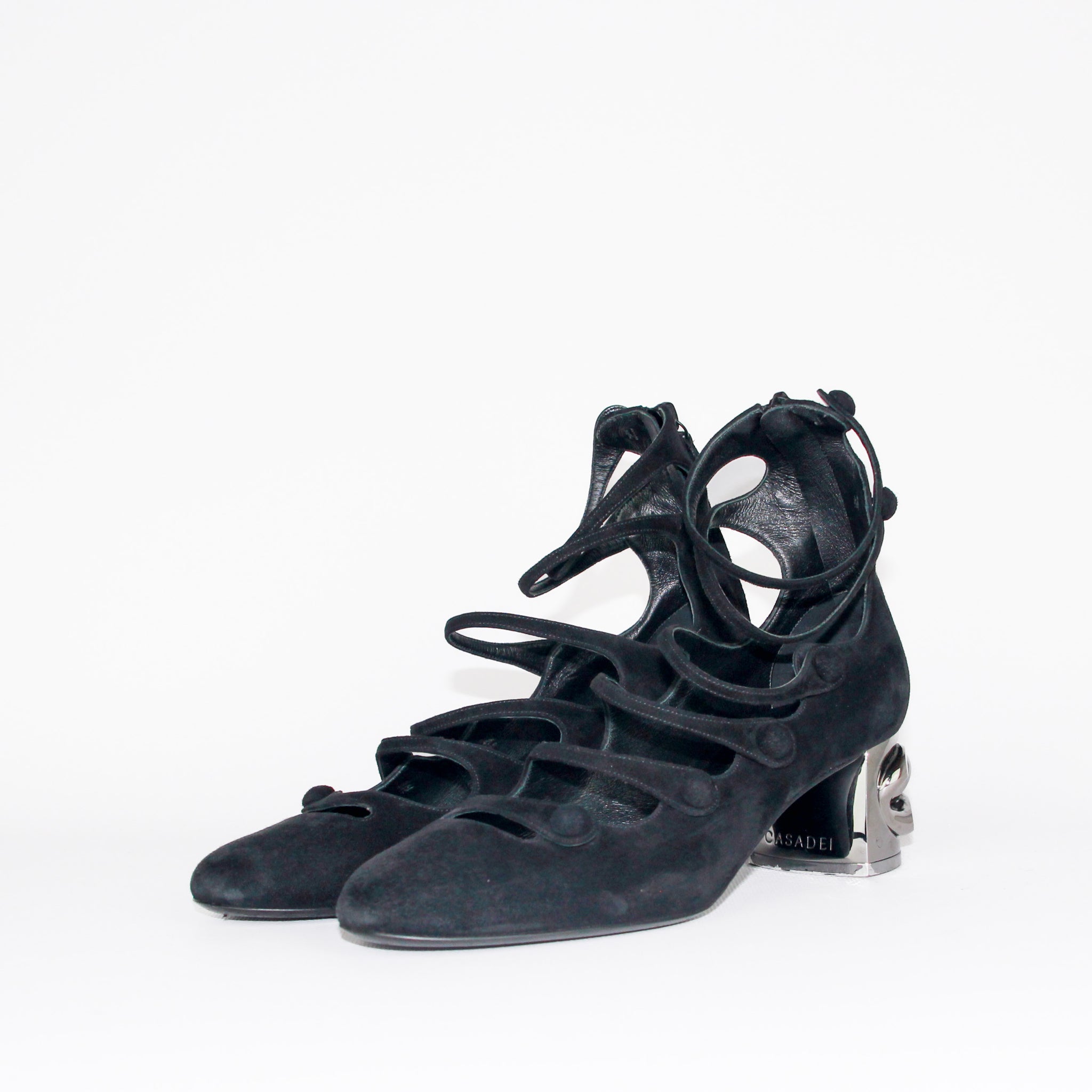 CASADEI escarpins pumps cuir suède suede leather noir black  bride straps chaussures de luxe de seconde main the tiger twist annecy cordonnerie